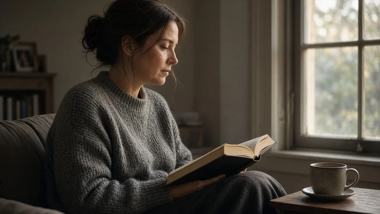 An adult sits by a window with an open Bible while reading bible verses for grief