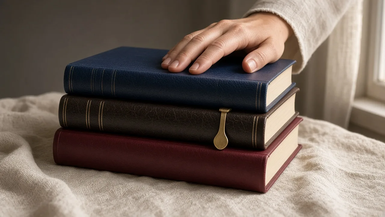 Three closed Bibles stacked on linen with a brass bookmark and a hand resting on the top book